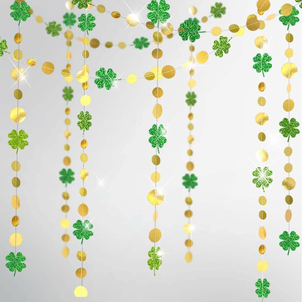 Cheerland Saint Patricks Day green shamrock garland front view hanging on a living room wall