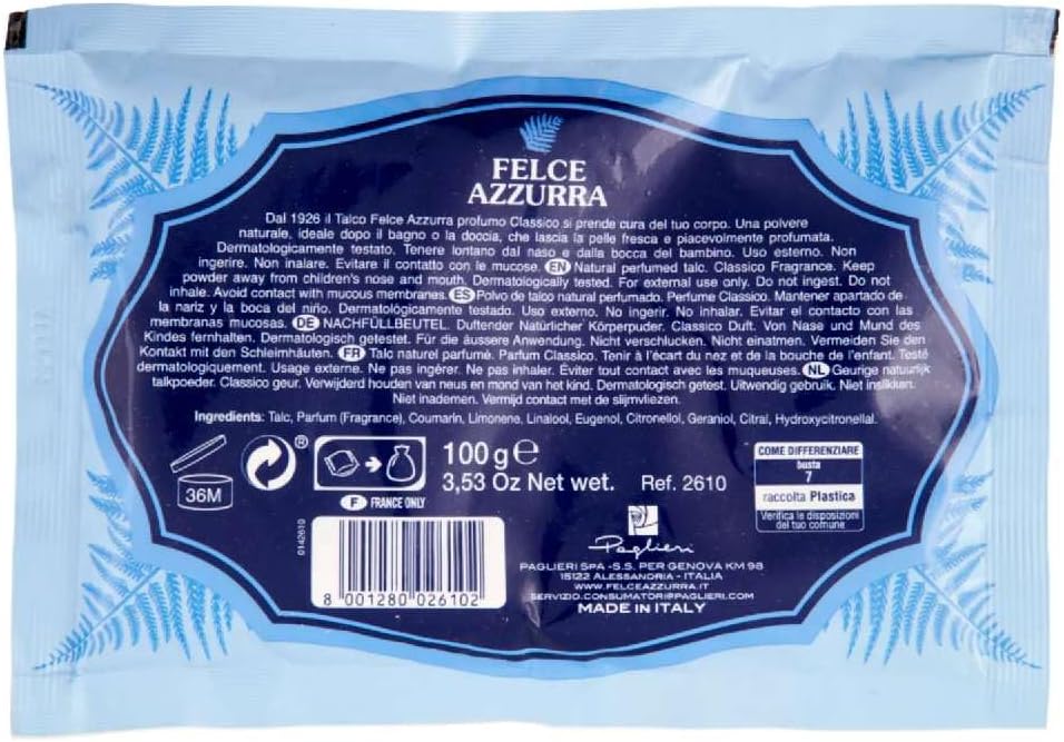 Felce Azzurra classic scent body powder sachet close up