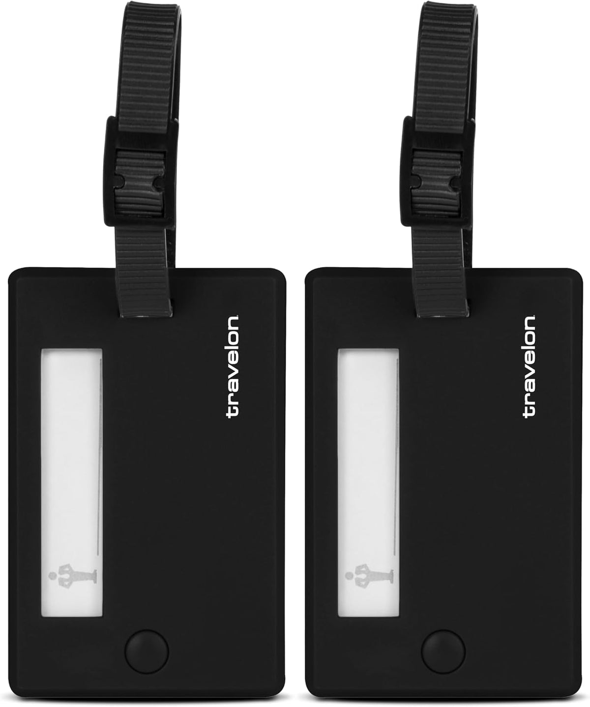 Travelon luggage tags attached to suitcase handle