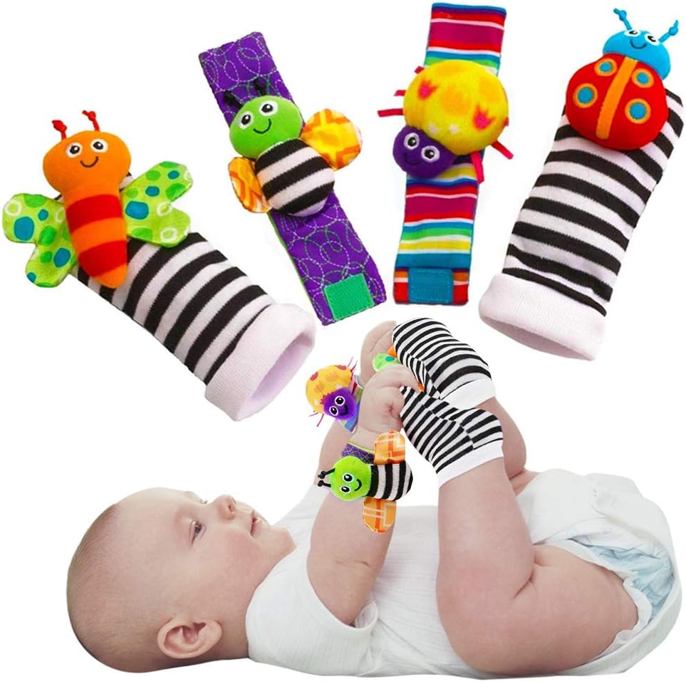 Bigib baby infant rattle socks and wristband set front view featuring colorful plush bug characters.