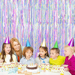 Two panels of FECEDY 3 feet by 8.3 feet tinsel curtains layered with balloons