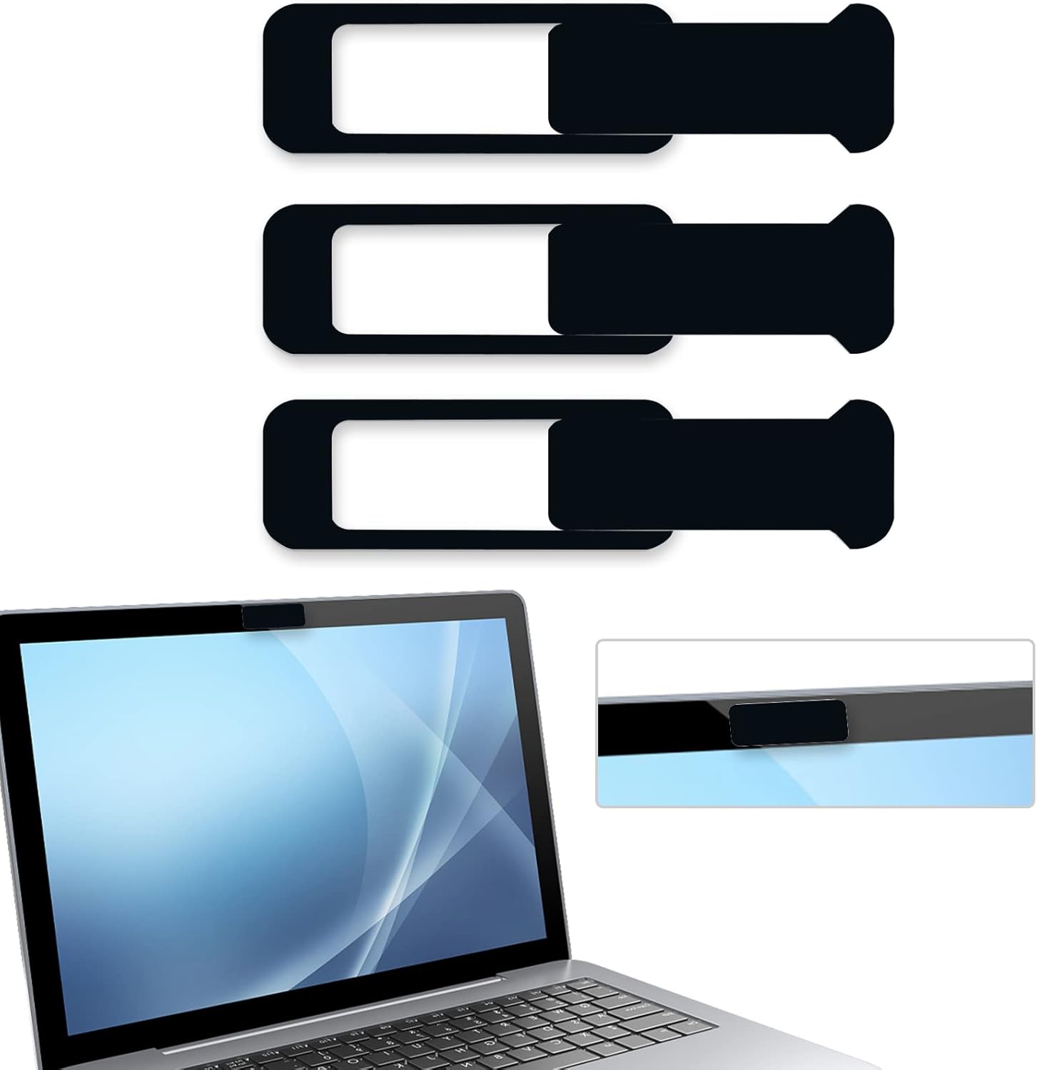 ZYAOTWQZ webcam cover three piece pack front view showing slim black sliding privacy shield for laptop security