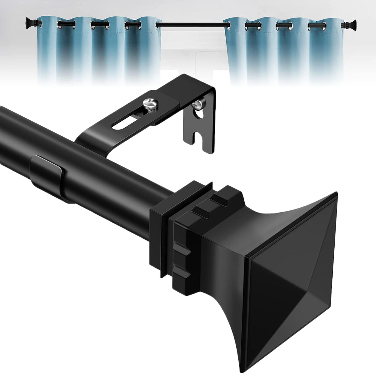 YOHSUGO curtain rods with square finials front view