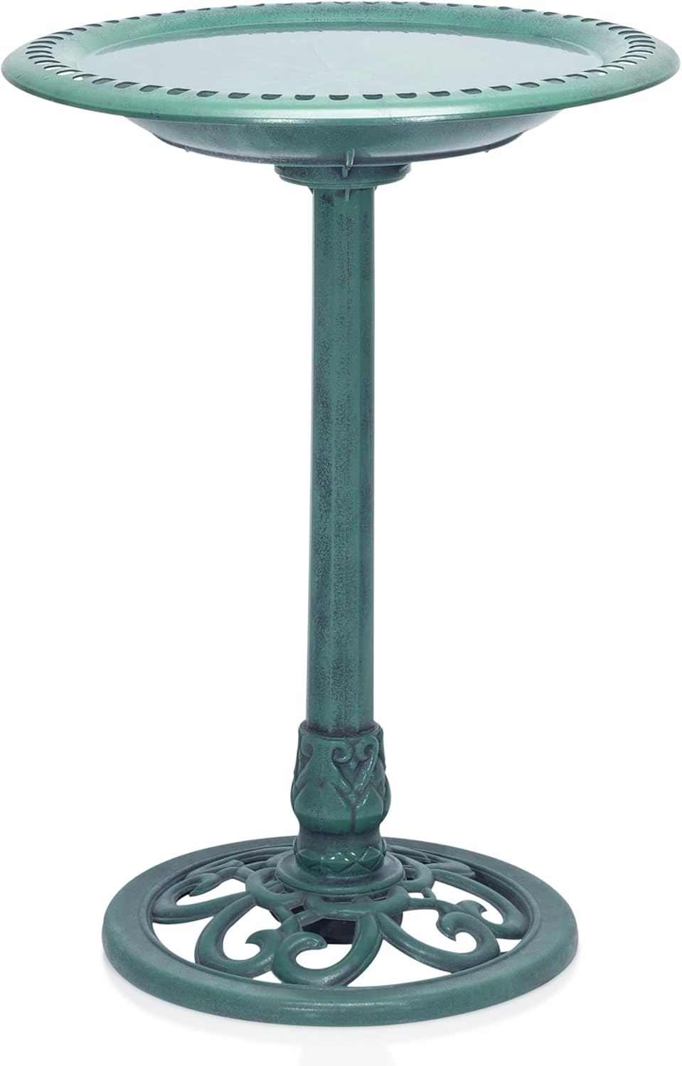 Alpine Corporation 28" Tall Outdoor Birdbath with Scrollwork Decoration Yard Statue, Green - Image 1
