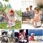 Toddler using SunnySmile portable toilet seat on a camping trip