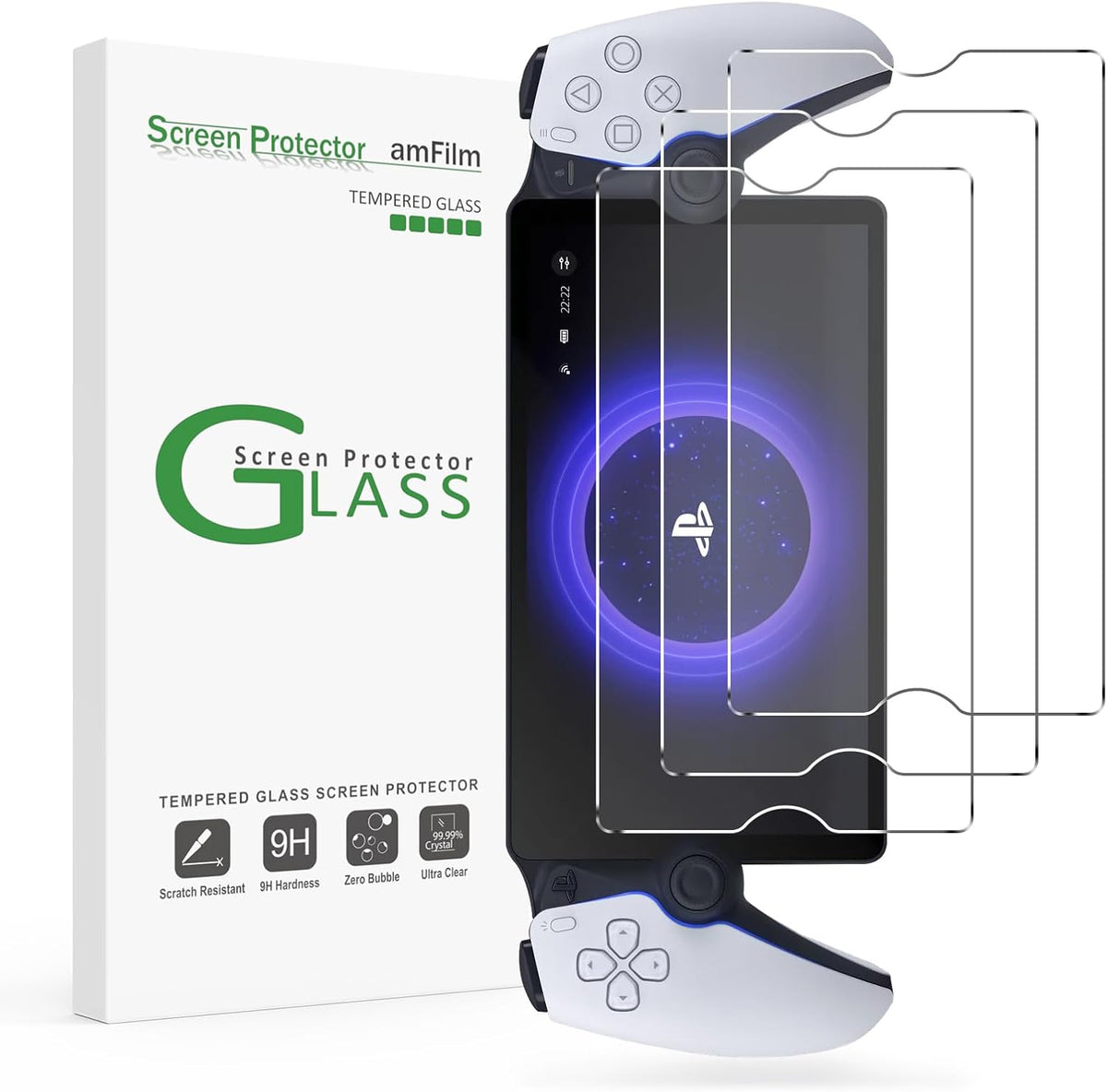 AmFilm 3 Pack Tempered Glass Screen Protector for PlayStation Portal front view