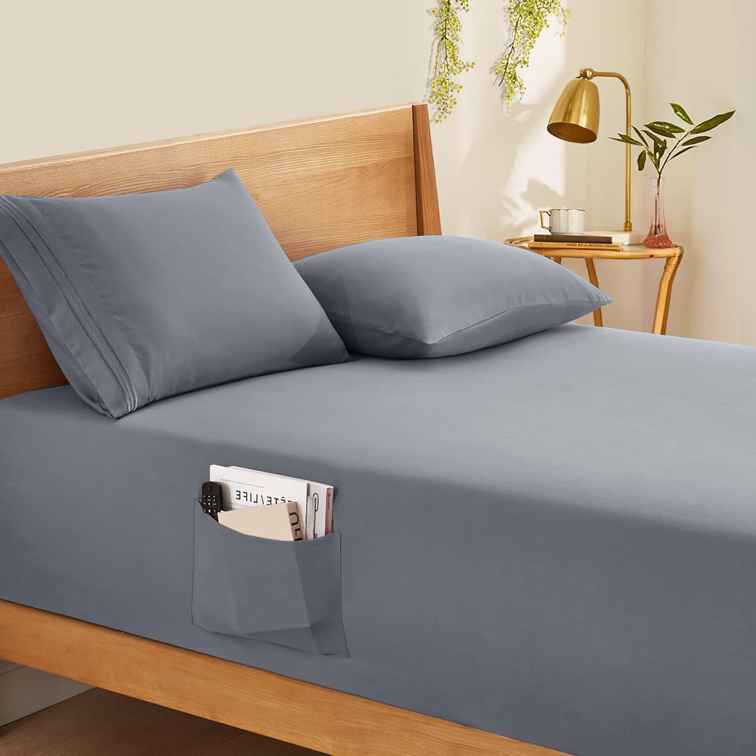 Horbaunal extra deep pocket queen fitted sheet in silver grey front view