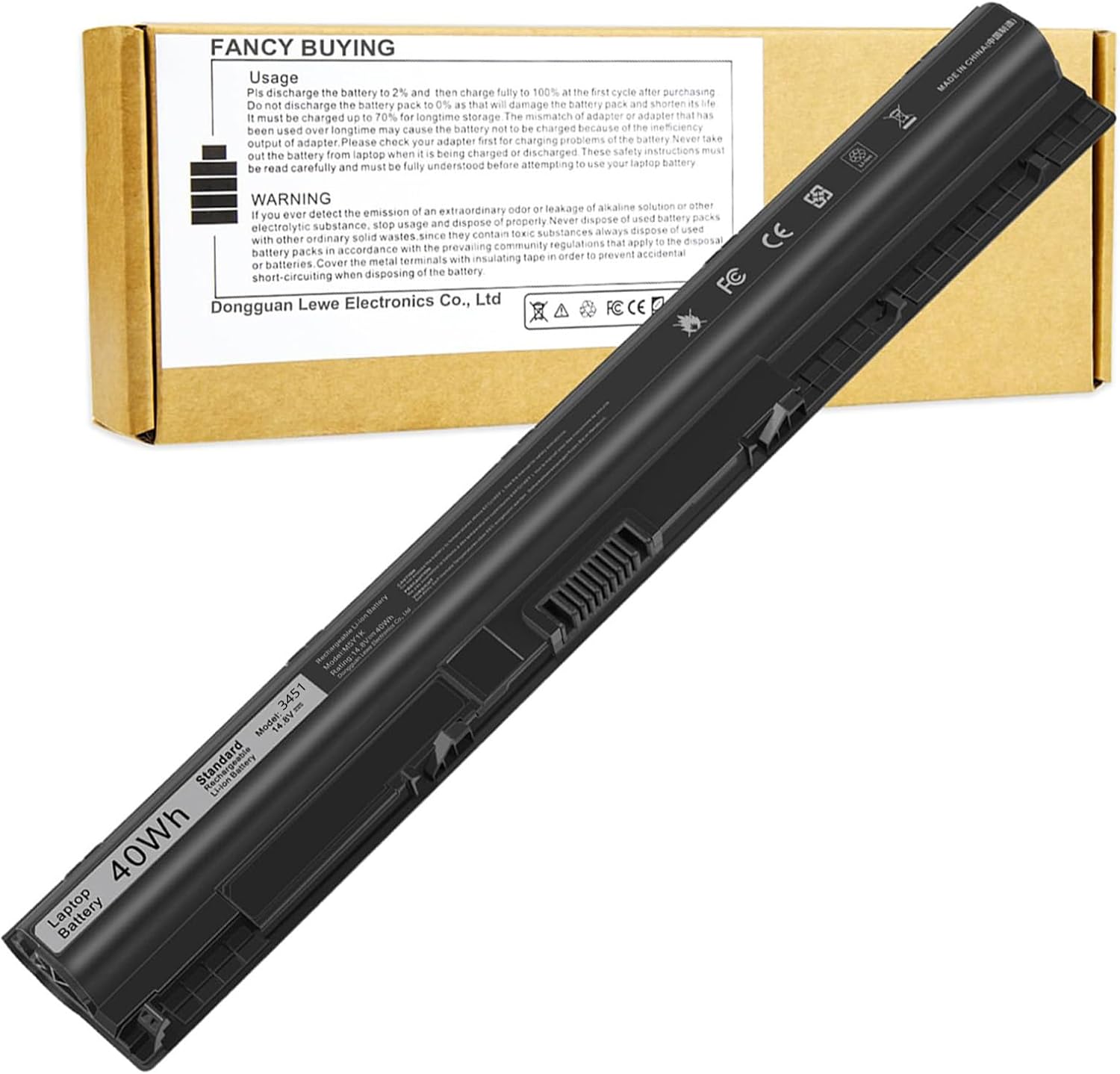 Fancy Buying M5Y1K laptop battery front view showing technical specification labels