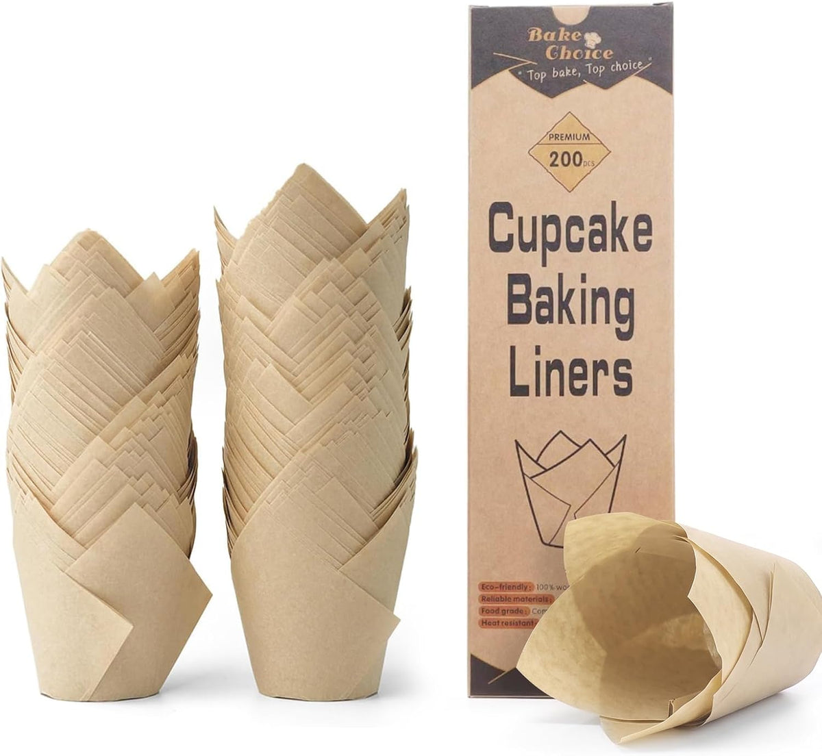 Bake Choice 200pcs Natural Tulip Cupcake Liners for Baking Muffin Liners | Unbleached European Parchment Paper, Heat-resistant, Greaseproof, Cupcake Wrapper for Party, Christmas, Gift - Image 10