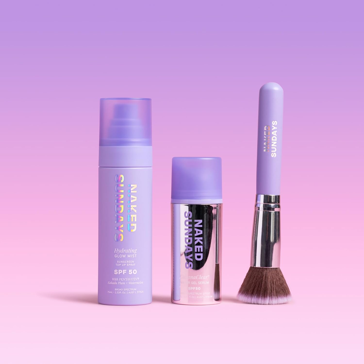 Naked Sundays SPF 50 Clear Sunscreen Bundle - Hydrating Glow Mist, CabanaClear Invisible Water Gel Serum 30ml & Application Brush - SPF Set, Fragrance-Free, Broad Spectrum UVA/UVB - Image 1