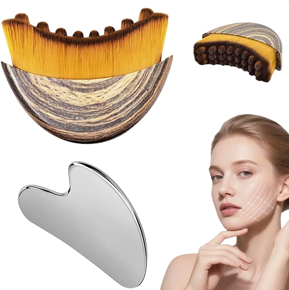 YOYONY Lymphatic Contour Face Brush and stainless steel gua sha tool front view for facial sculpting.