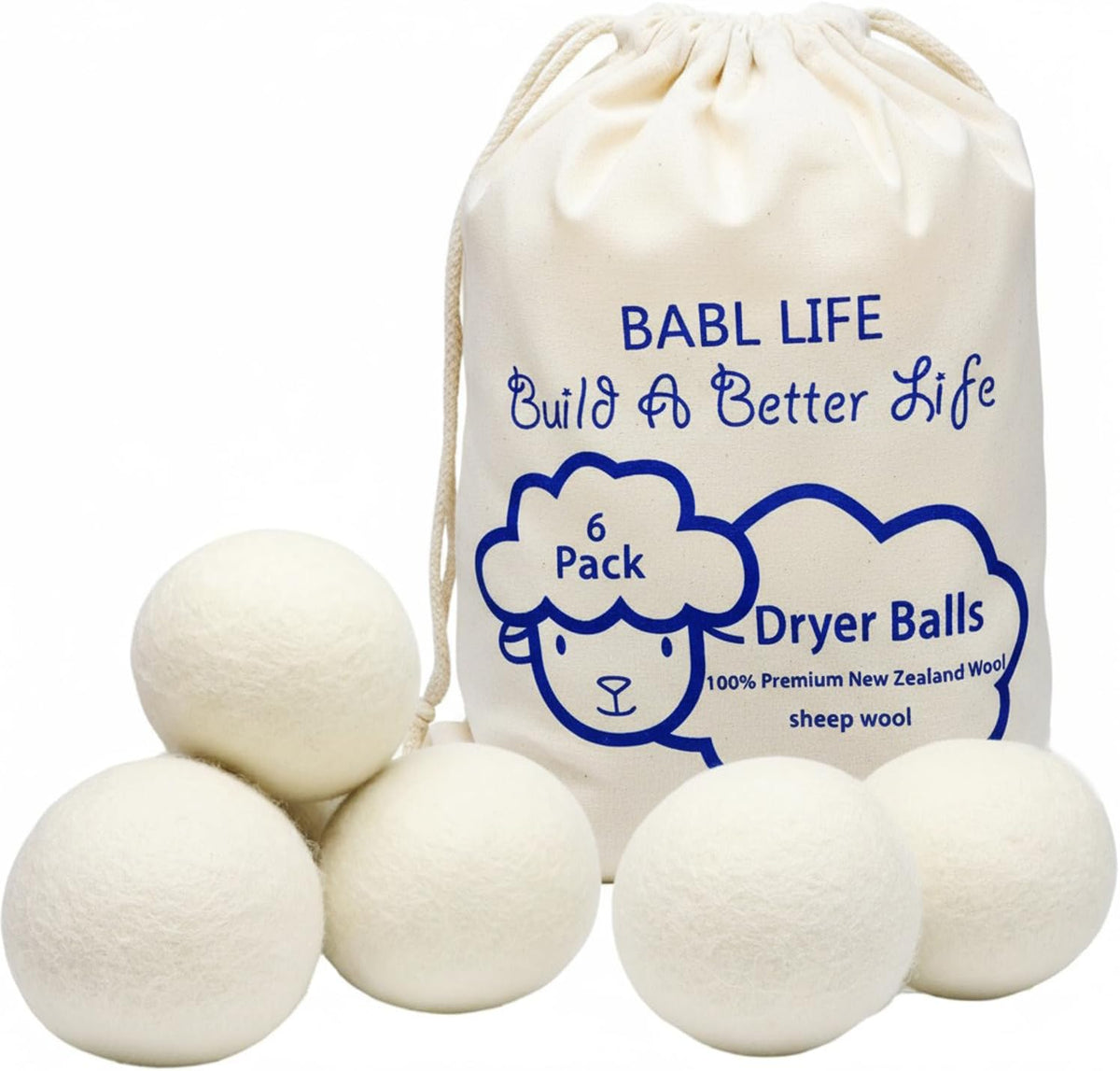 BABL LIFE wool dryer balls pack of six front view natural fabric softener