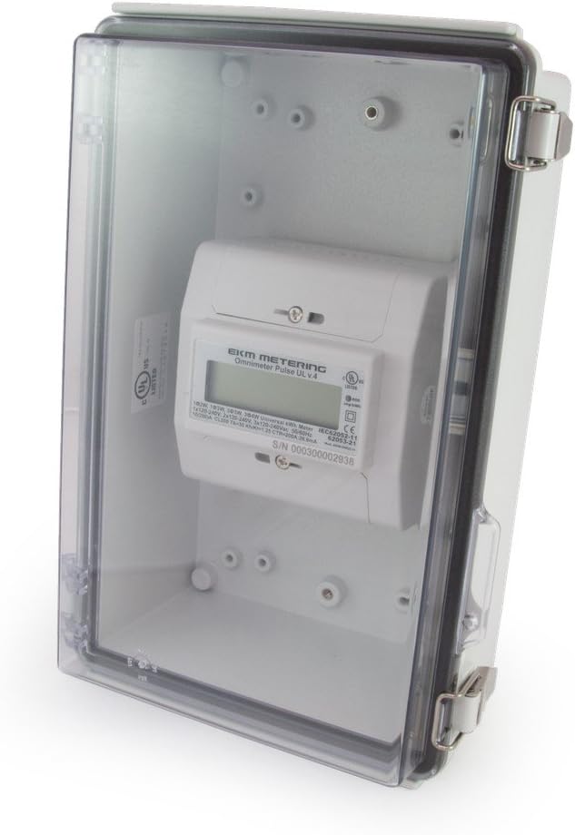 EKM Metering electrical enclosure angled perspective with stainless steel latches.