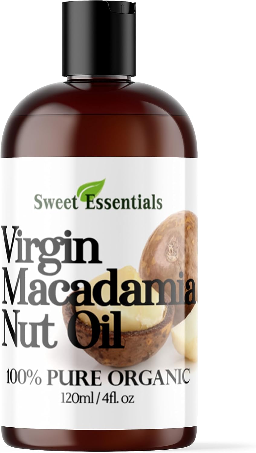 Sweet Essentials 100 percent pure organic macadamia nut oil bottle front view