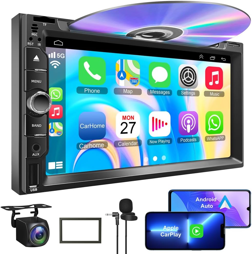 Adapter-Universe Double DIN Car Stereo front view showing the seven inch HD touchscreen display with Apple CarPlay interface icons.