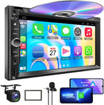 Adapter-Universe Double DIN Car Stereo front view showing the seven inch HD touchscreen display with Apple CarPlay interface icons.