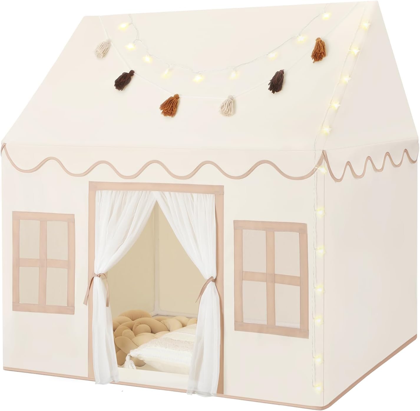 Senodeer kids play tent indoor view showing cream color fabric and star lights