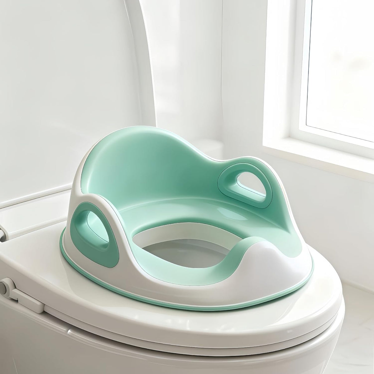 5 STAR SUPER DEALS Potty Training Seat front view showing the blue toddler toilet trainer with soft cushion and handles