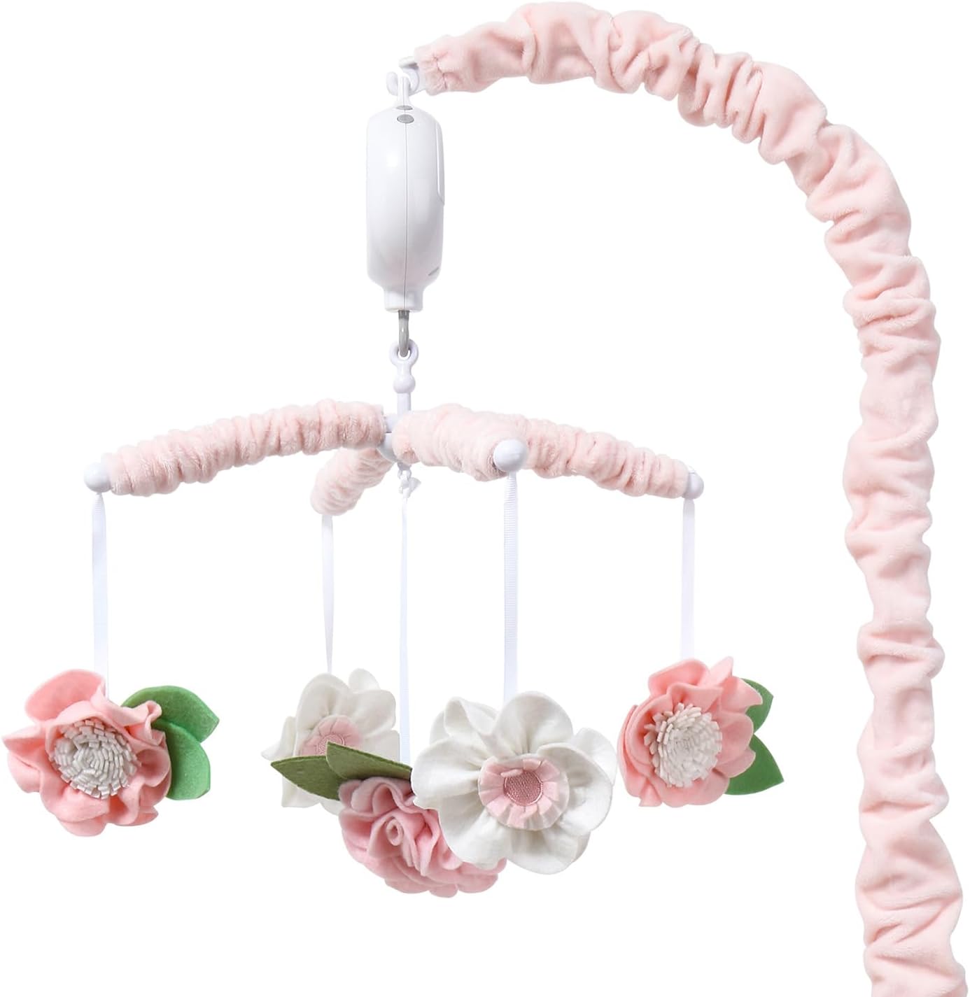 The Peanutshell Pink Floral Musical Crib Mobile front view hanging over a baby mattress