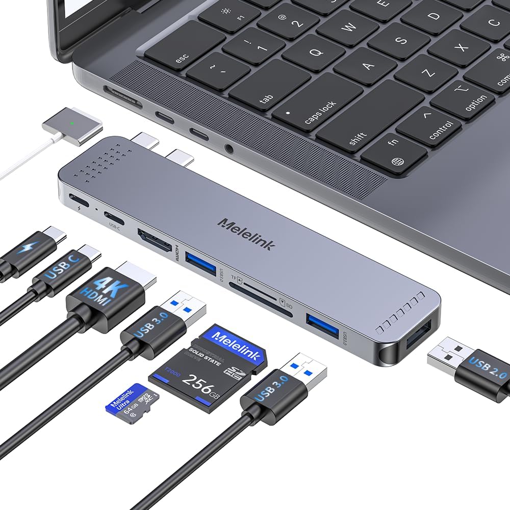 Melelink USB Type C Hub Multiport Adapter front view showing dual connectors for premium laptop expansion.