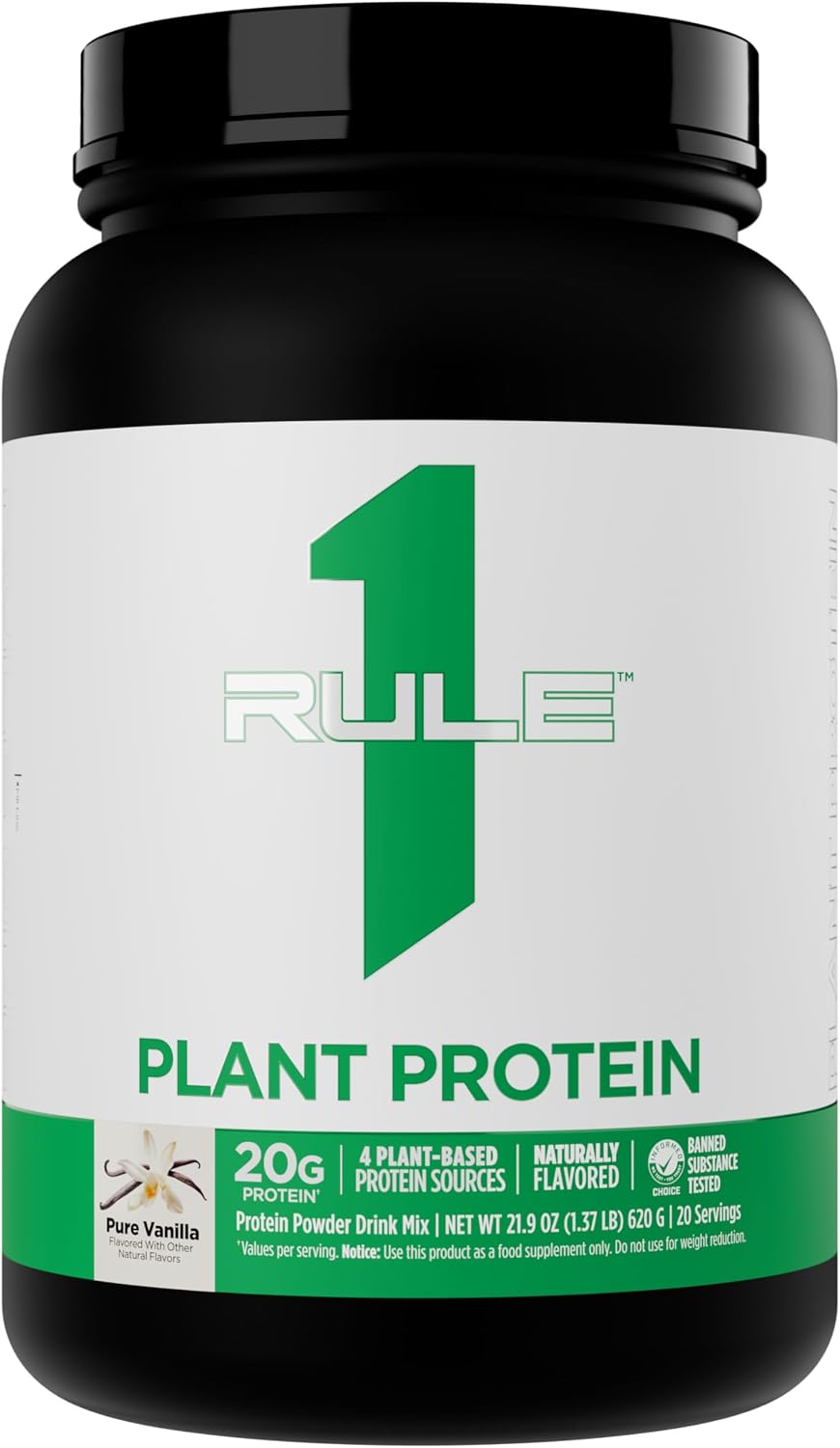 Rule 1 Plant Protein Pure Vanilla front view supplement container