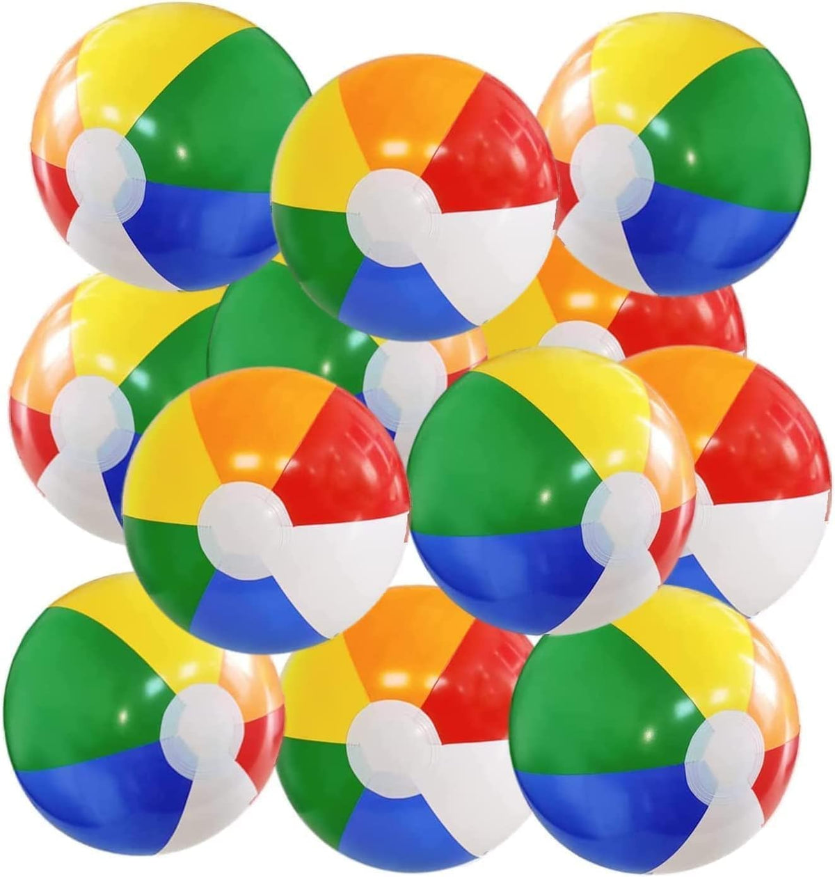 UMUACCAN inflatable beach balls twelve pack front view showing classic six-color rainbow pattern for pool party games.