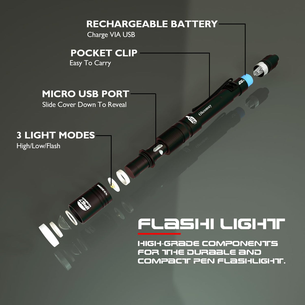 Okcomuy flashlight demonstrating 4x zoomable beam focus
