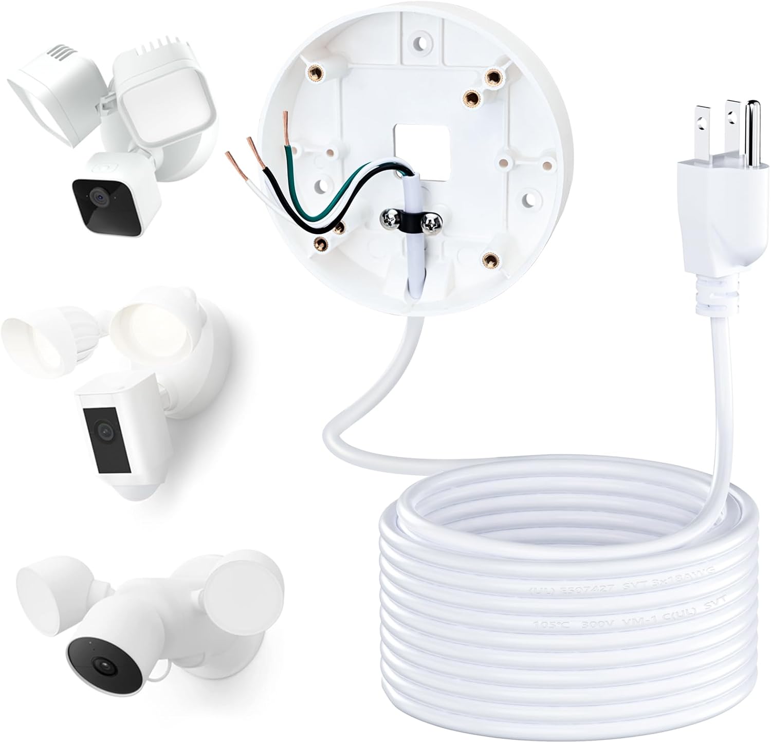 CaGuan power cable and plug in mount for floodlight camera front view showing electrical box