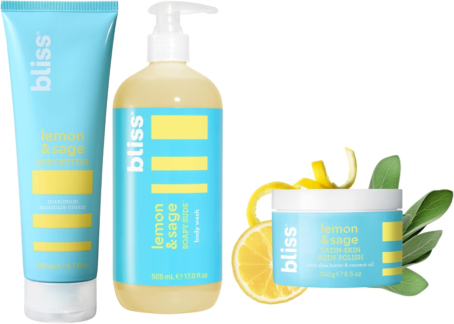 Bliss Lemon and Sage Scented Trio skincare set front view