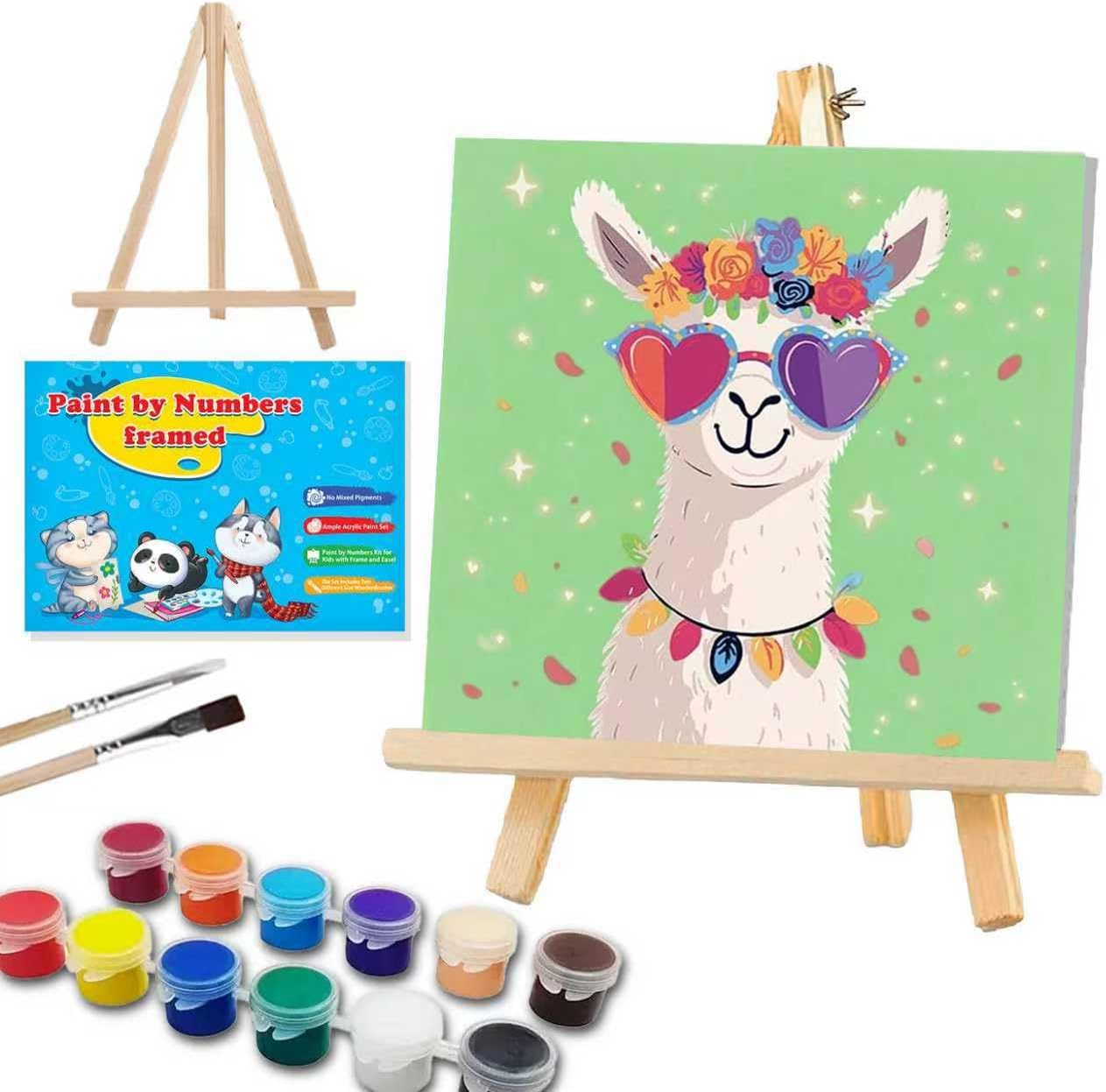 WEMEON Alpaca Paint by Numbers Kit for Kids front view showing framed canvas and easel