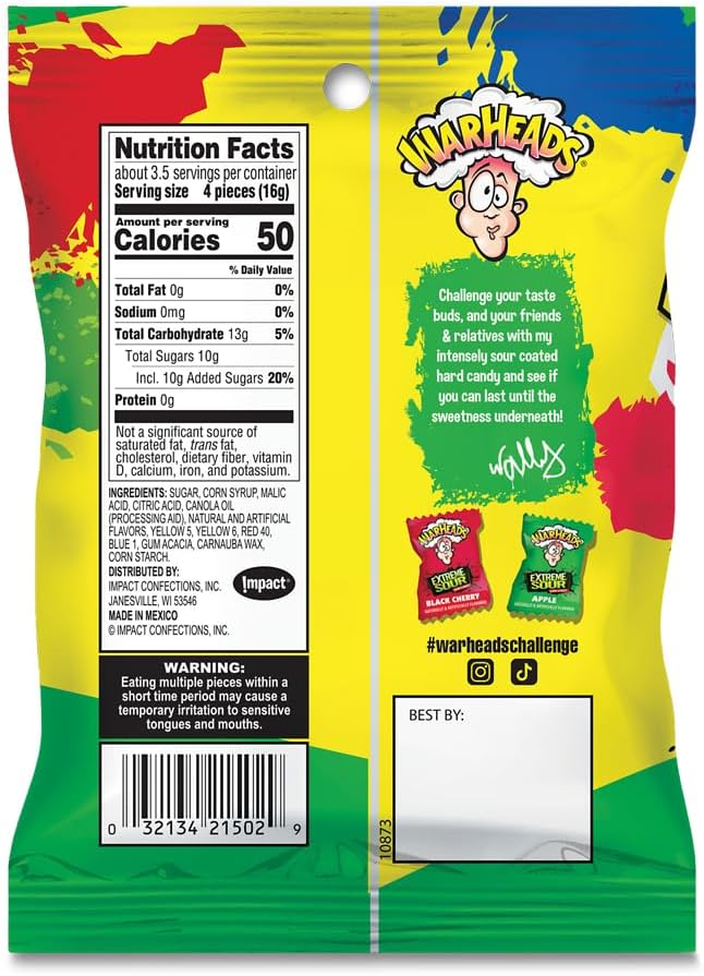 Three pouches of Warheads assorted sour candies displaying the iconic mascot illustration.