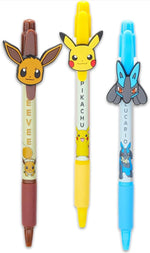 Pokemon ballpoint pens showing Pikachu Lucario and Eevee character toppers
