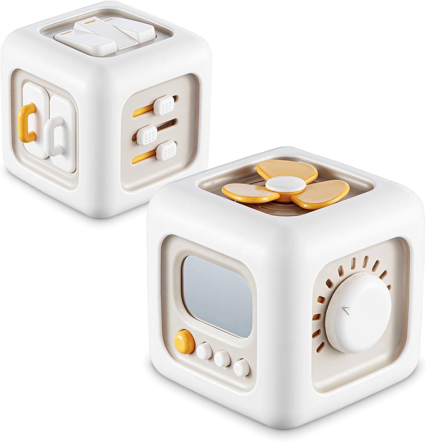 SOCBTNSO busy cube montessori toy front view showing interactive switches for fine motor skills development