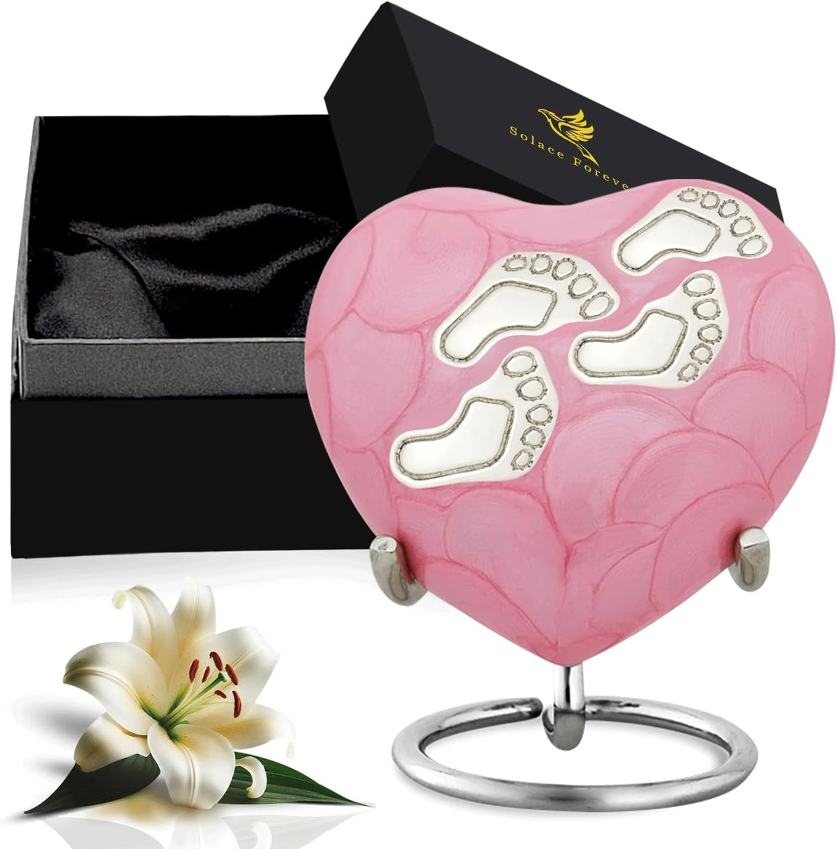Solace Forever pink baby heart urn front view showcasing silver footprints.