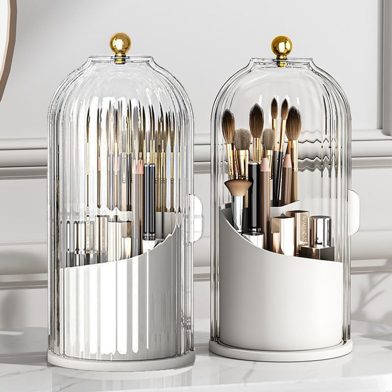 Ezebesta makeup brush holder organizer with clear lid front view on a white vanity table