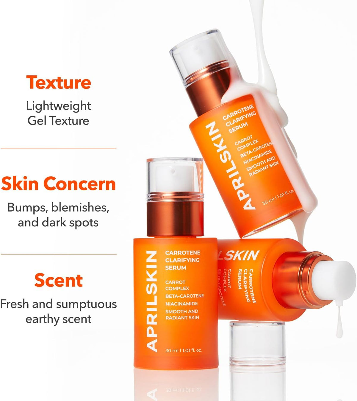 APRILSKIN carrot blemish clear serum pump bottle for oily and acne prone skin.