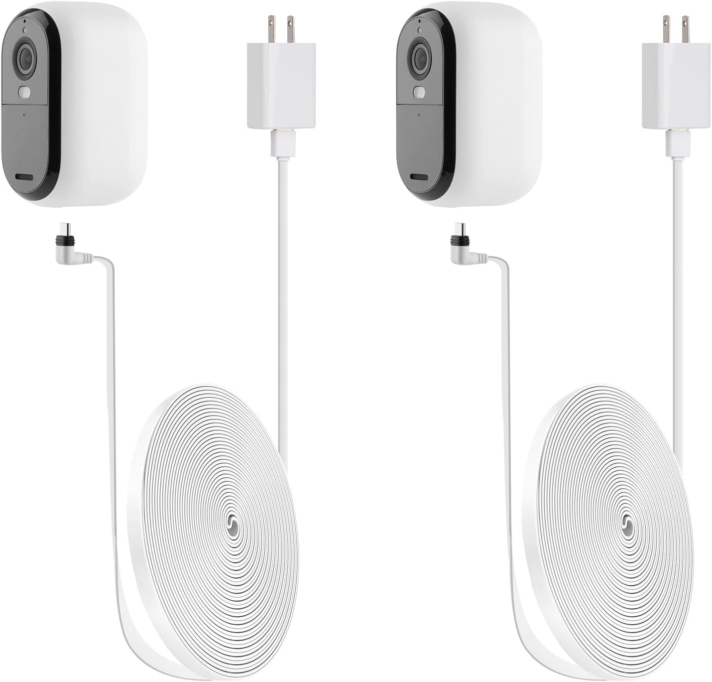 iTODOS power cable for Arlo Essential 2nd Generation showing two white charging cords and wall adapters front view