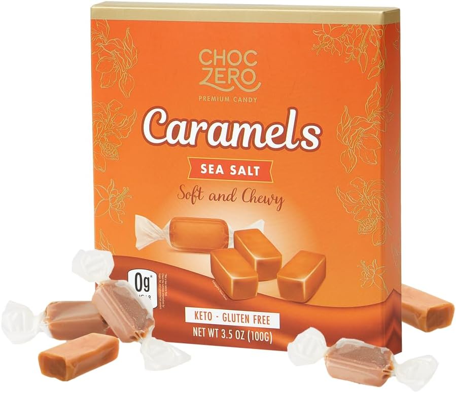 Two boxes of ChocZero gluten free caramels arranged neatly for premium imported snack presentation