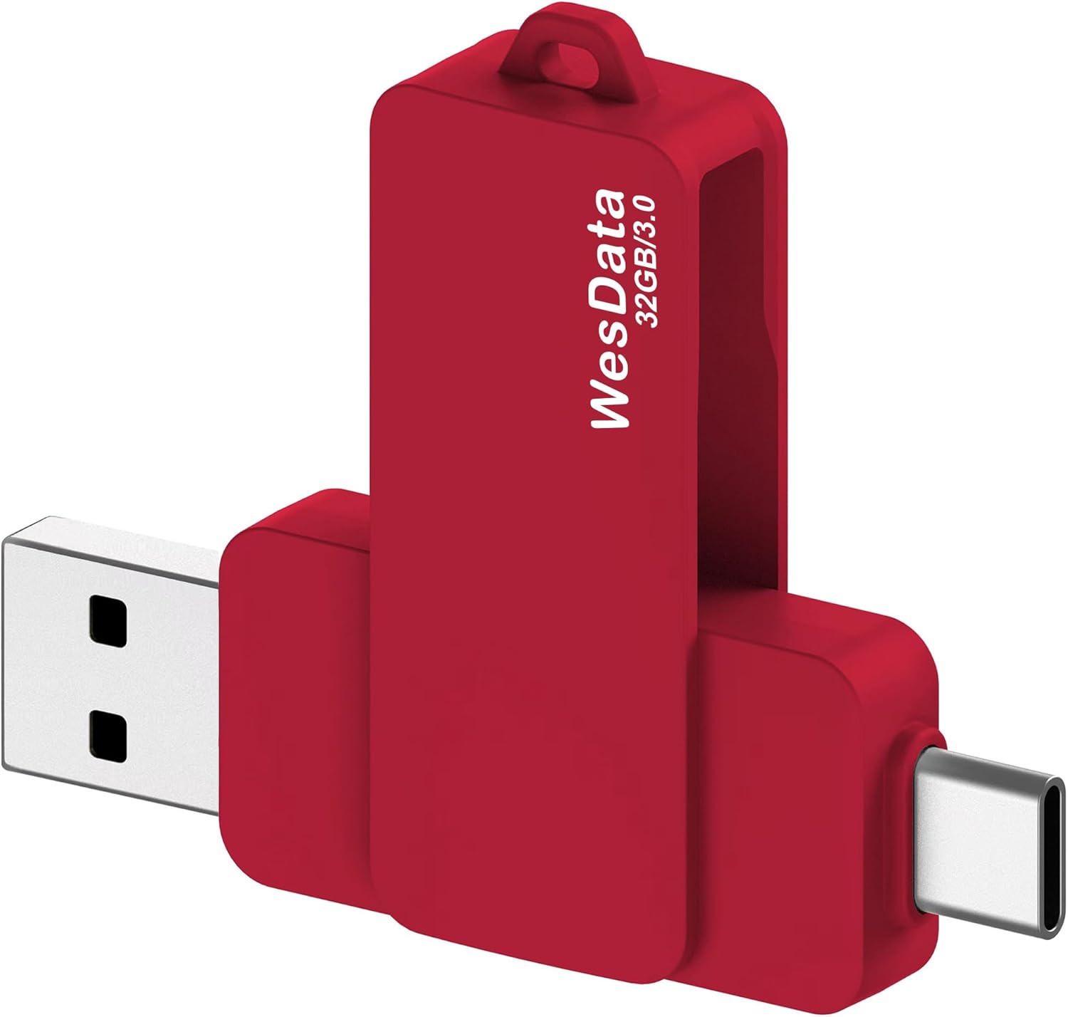 WesData 32GB Type C dual flash drive front view showcasing the red swivel design.