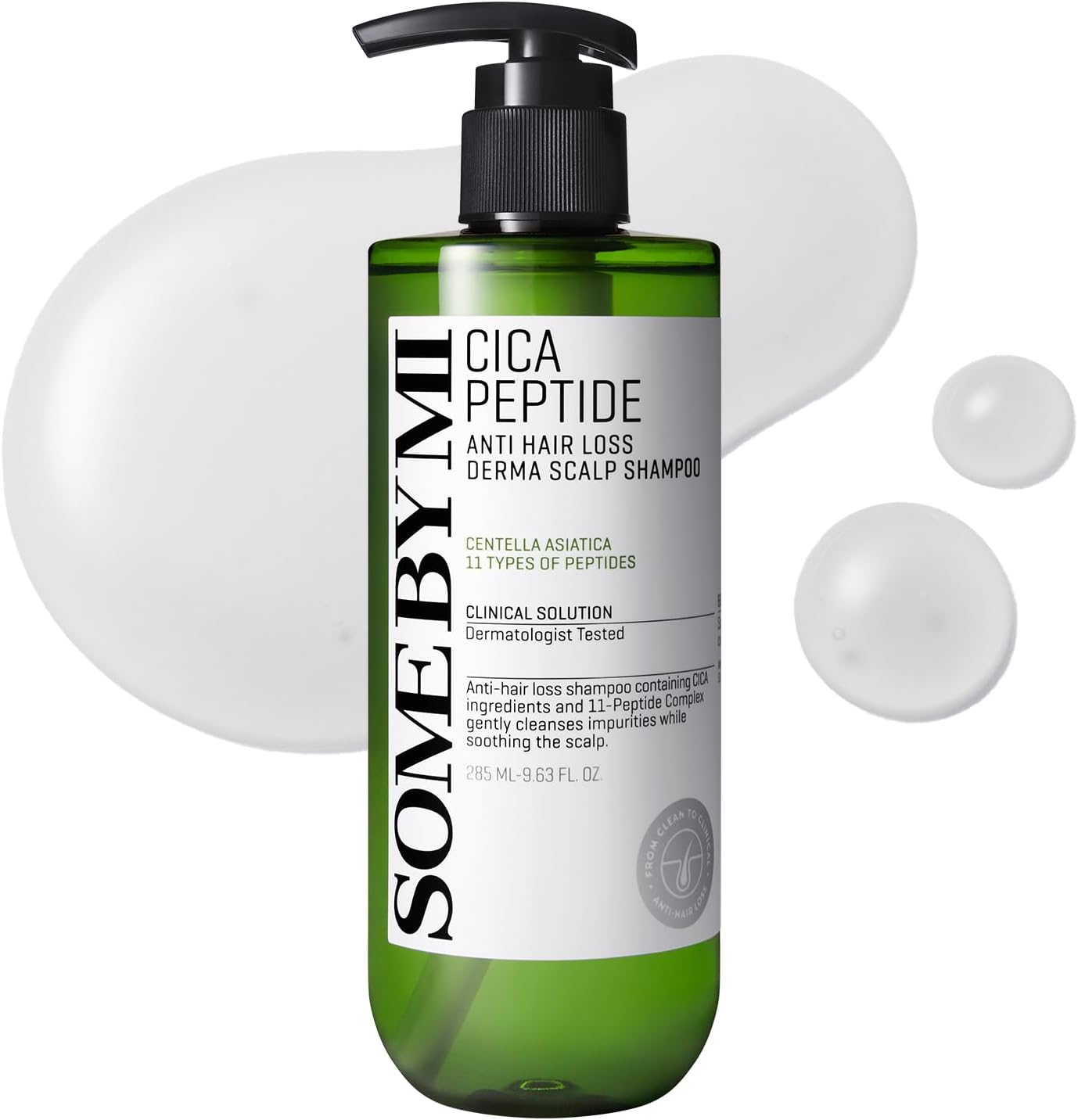 Some By Mi Cica Peptide Derma Scalp Shampoo front view green transparent bottle for thinning hair