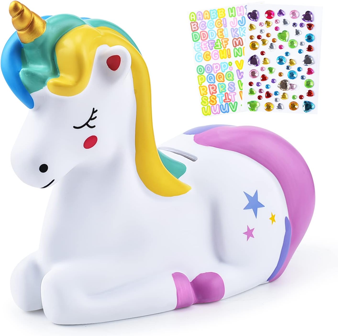 PJDRLLC unicorn piggy bank front view showing the purple rainbow design toy coin bank.