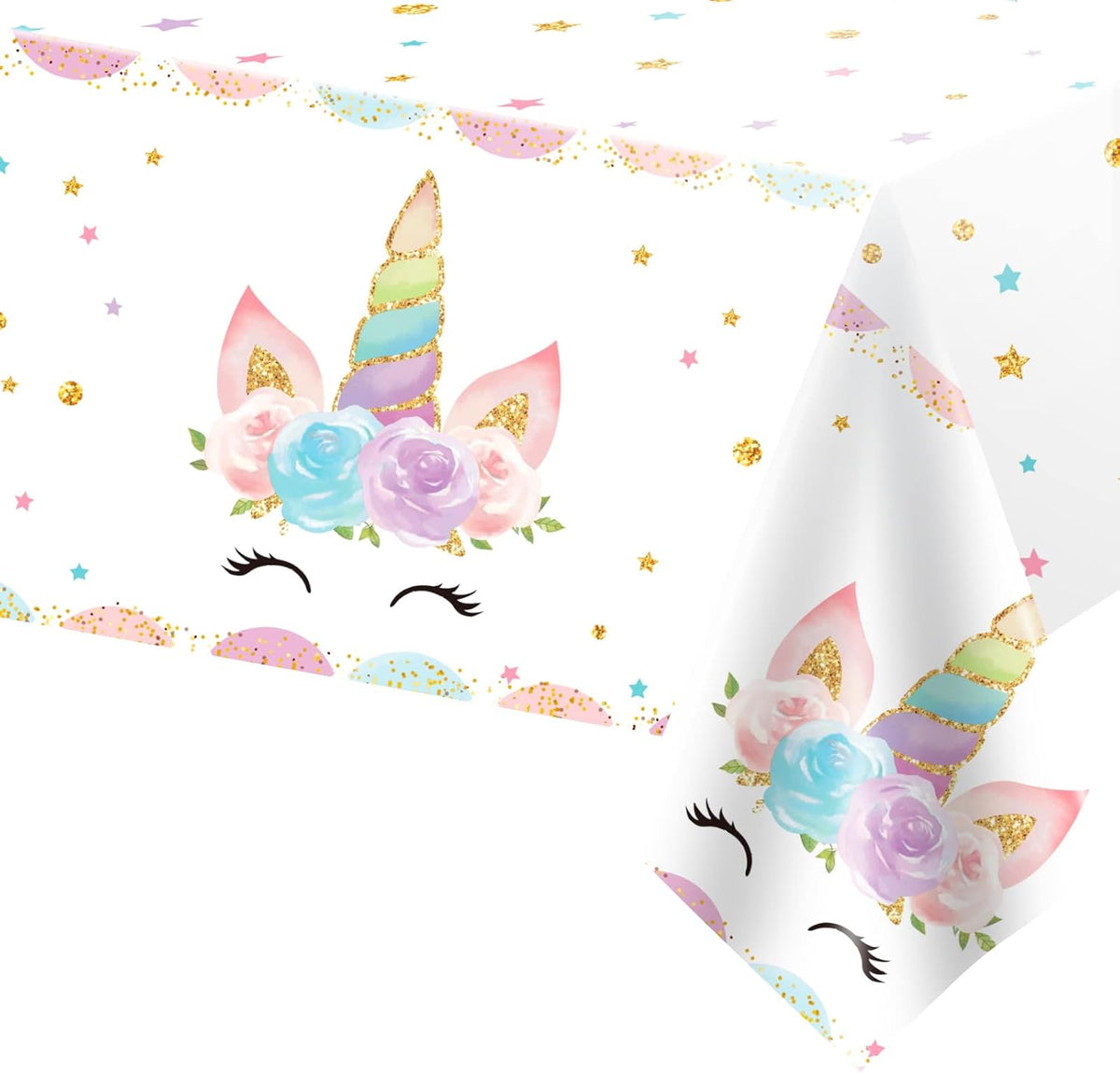 DaiUni unicorn party tablecloth front view displaying watercolor floral design