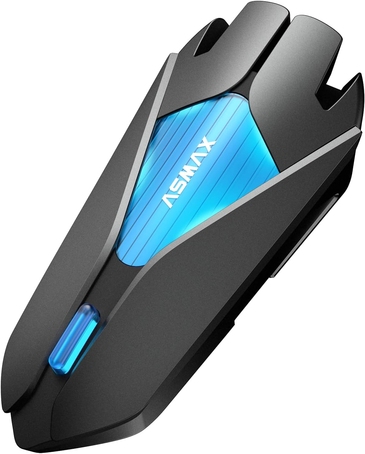 ASMAX Z1 Motorcycle Bluetooth Headset front view showing sleek black housing and blue illuminated panel