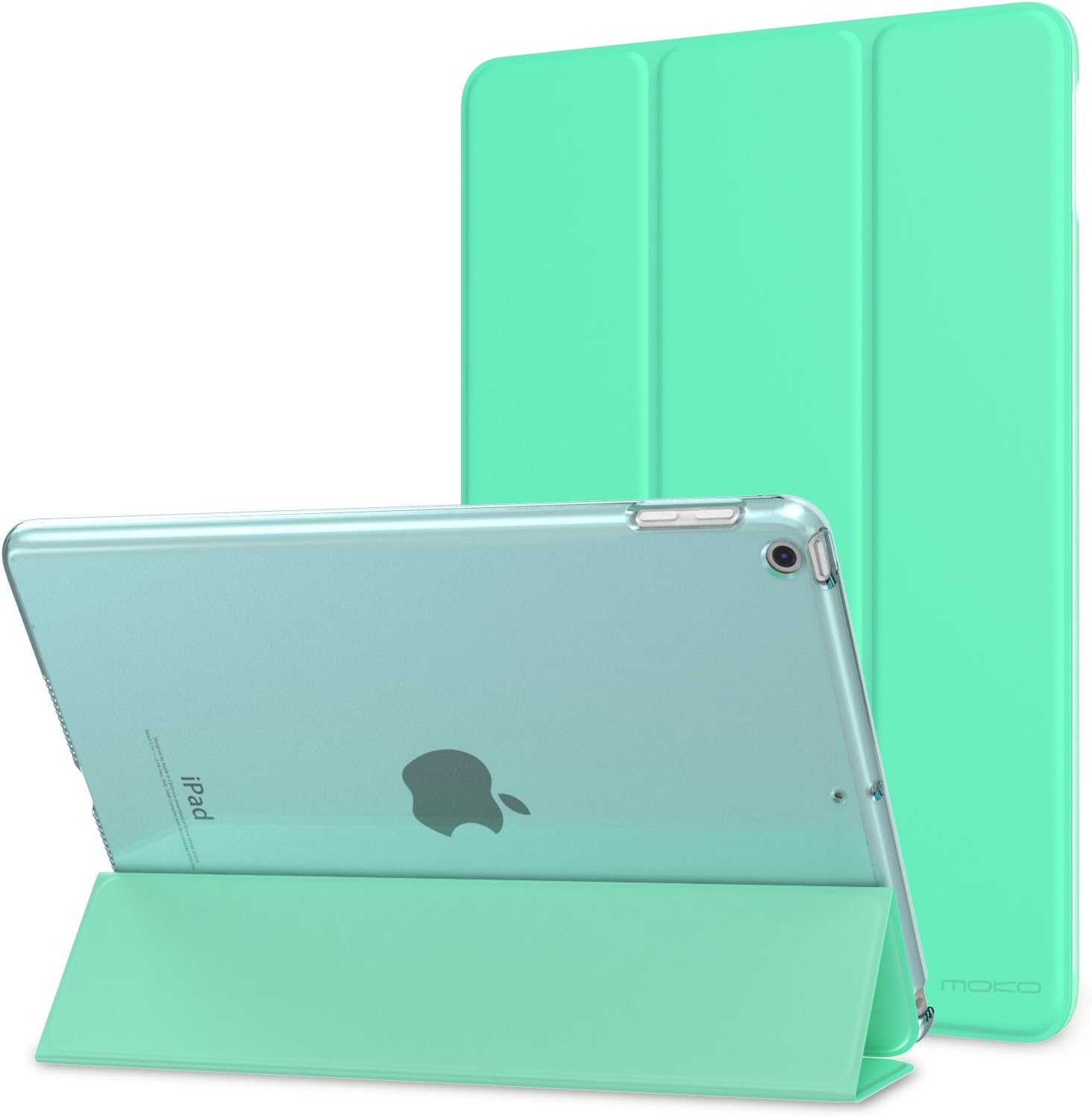 MoKo iPad 9.7 smart case front view showing mint green trifold cover.