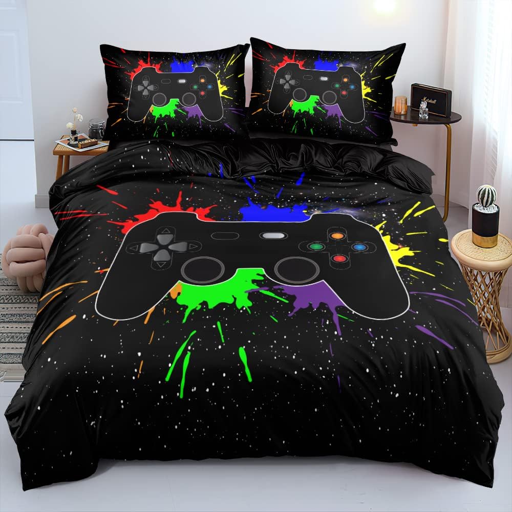 Holiyjog gamepad duvet cover set front view showing a three piece black gaming bedding layout on a twin mattress.