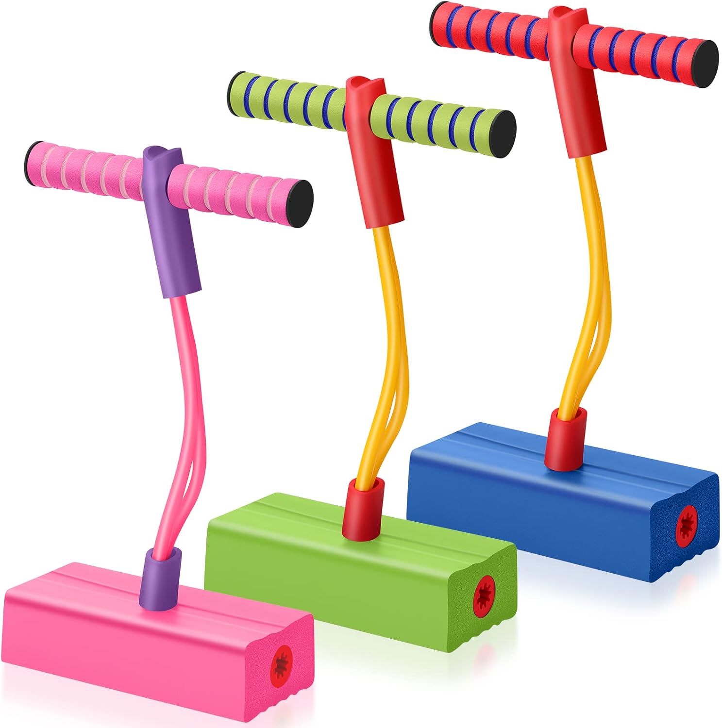 Jerify foam pogo stick jumper front view showing three colorful toddler jumping toys.