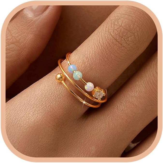 LOVECOM 14K gold plated fidget ring front view showcasing colorful opal spinning beads