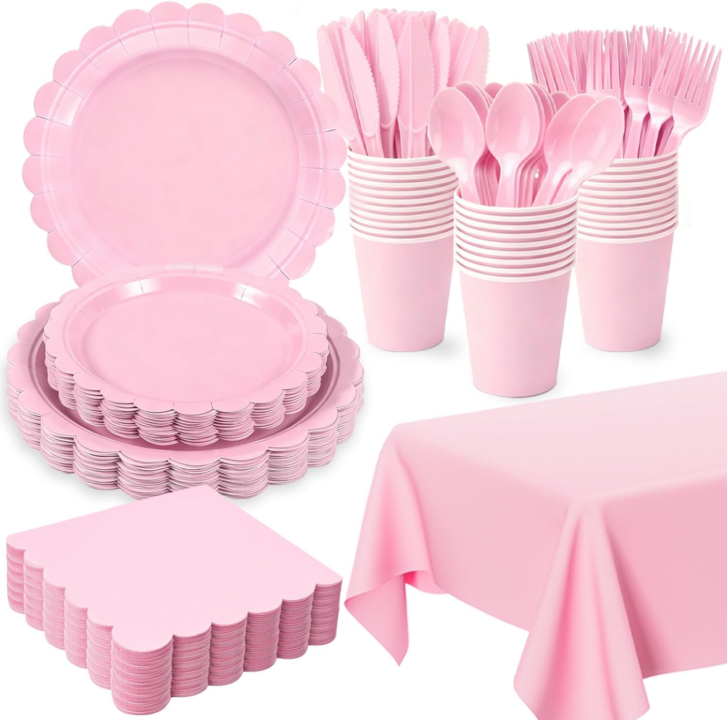 Ohkishly pink party decoration set with scalloped plates and accessories.