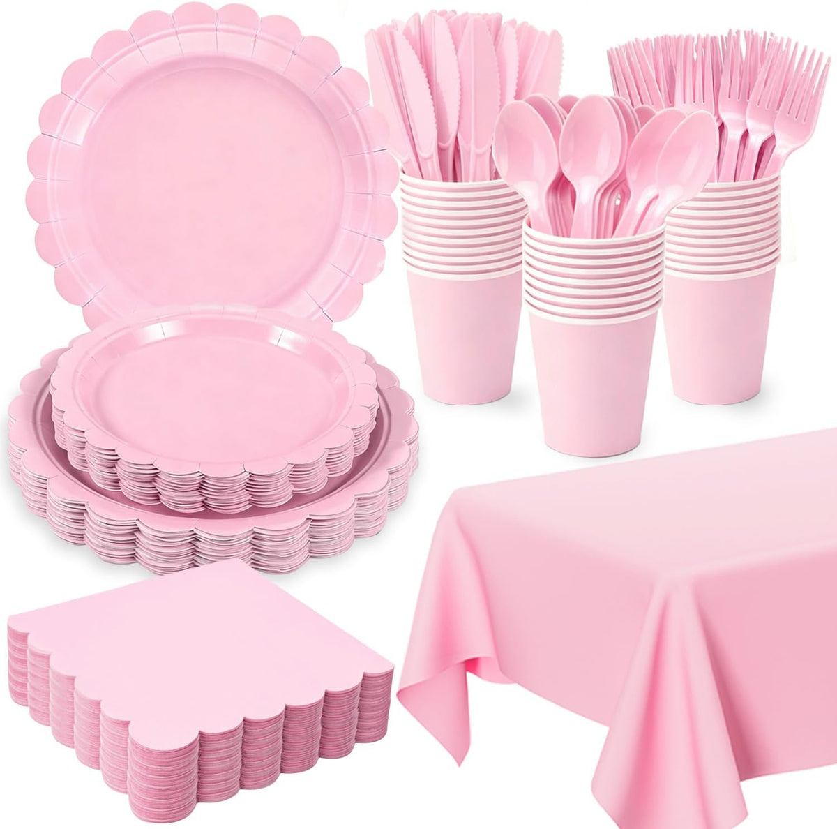 Ohkishly pink party decoration set with scalloped plates and accessories.
