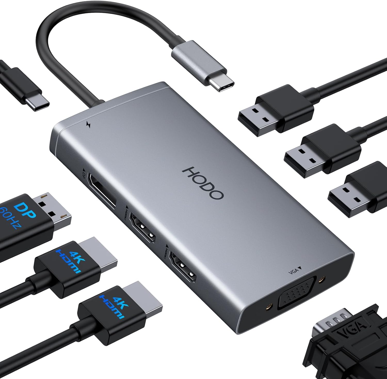 Abiwazy USB C Docking Station front view showcasing the sleek gray aluminum chassis and compact portable layout.